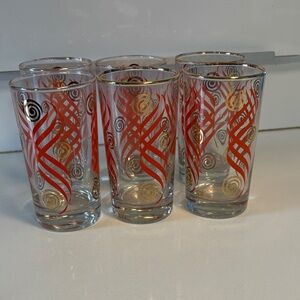 Set of 6 Vintage High Ball Glasses in Orange and Gold